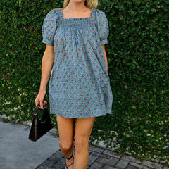 Floral Print Smocked Square Neck Short Puff Sleeve Mini Dress