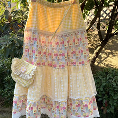 Yellow Floral Print Patchwork Lace Maxi Skirt - Sweet A-Line