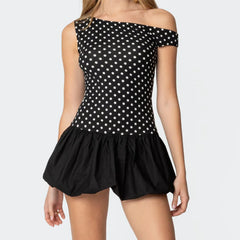 Black Off-shoulder Polka Dot Bubble Mini Dress