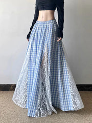 Blue Lace Patchwork Plaid Long Skirt
