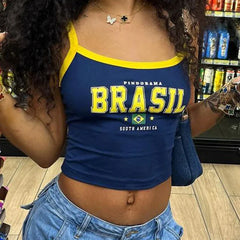 Blue Brasil Print Flag Cami Crop Top - Regular Fit