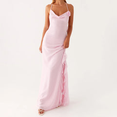 Pink Cowl 3D Flower Maxi Dress