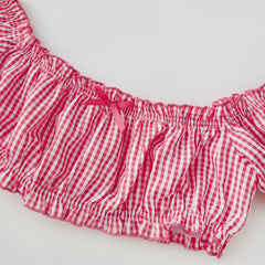 Red Plaid Off Shoulder Puff Short Sleeve Crop Tops And Mini Bubble Skirt Set