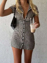 Plaid Collar Buttoned Mini Dress
