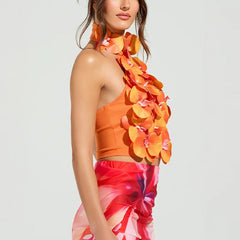 Orange 3D Floral Orchid Top - High Street Regular Fit