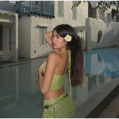 Green Sequin V-neck Halter Tie And Midi Skirt Set