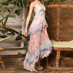 Floral Print Multi-Layered Ruffles V Neck Maxi Dress