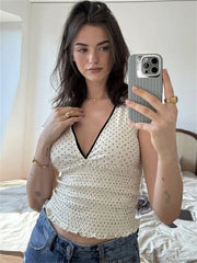 White V-Neck Printed Short Sleeve Top - Regular Fit