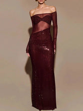 Rhinestone Slash Neck Long Sleeve Patchwork Maxi Dress