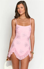 Pink Frill Flowers Slip Mini Dress