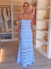 Blue Ruffle Tie Up Strap Long Dress