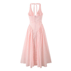 Pink Plaid Bow Halter Midi Dress