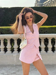 Pink Sleeveless Vest And Mini Skirt Set