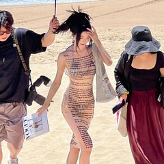 Letter Print Transparent Mesh Tank Mini Dress - Beach Style A-Line