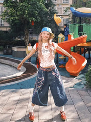 3D Chain Printing Denim Baggy Capri Shorts Jeans