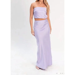 Satin Crop Tube Top And Long Skirt Set