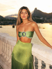 Green Tassel Bralette Set �Layered Maxi Skirt