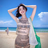 Letter Print Transparent Mesh Tank Mini Dress - Beach Style A-Line