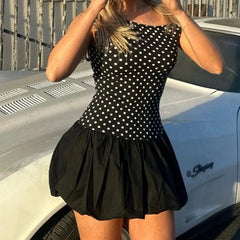 Black Off-shoulder Polka Dot Bubble Mini Dress