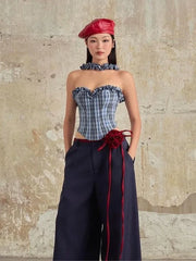 Blue Plaid Print Ruffled Edges Top