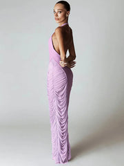 Purple Deep V Neck Ruched Maxi Dress