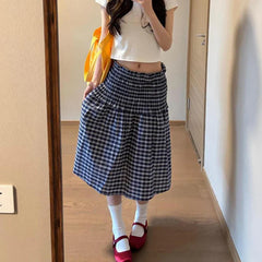 Blue Elastic High Waist Plaid Skirt - Casual A-Line