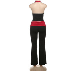Red Cut Out Halter Crop Top & Tracksuit Two Piece Set - Casual Slim Fit