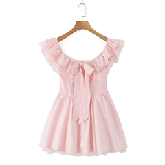 Pink Lace Ruffle Bow Off-shoulder Mini Dress