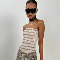 Letter Printed Mesh Strapless Crop Top - High Stretch Tank