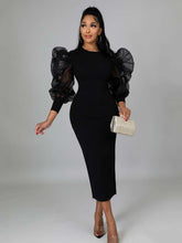 Mesh Puff Sleeve Long Dress