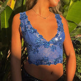 Flower Embroidery V Neck Mesh Crop Top
