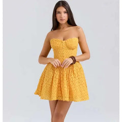 Yellow Jacquard Bustier Strap Mini Dress