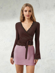 Lace Trim Cross Tie Ballet Wrap Top