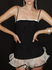 Black Solid Cami Lace Frill Trim Mini Dress