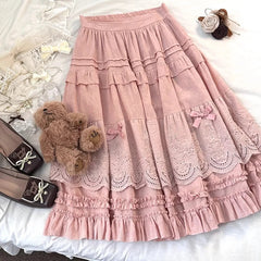 Embroidery Lace Floral Bow Ruffles Long Skirt - Sweet A-Line