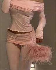 Long Sleeve Off-Shoulder Top And Ruched Pants Set