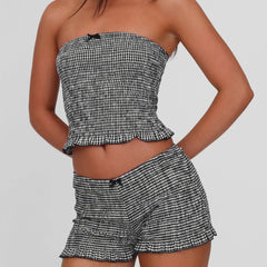 Black Plaid Smocked Tube Top & Shorts Set - Hot Sweet Style
