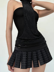 Black and Beige High Neck Sleeveless Sequin Tank Top - Backless Style