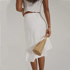 White Strap Crop Top And Midi Skirt Set
