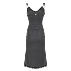 Black Polka Dot Spaghetti Strap V-neck Long Dress