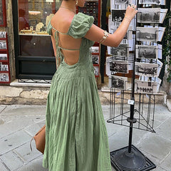 Green Open Back Short Sleeve Maxi Dress