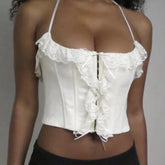 White Frill Hook Halter Tie Crop Top