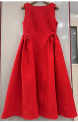 Solid Round Neck Waist A-line Sleeveless Midi Dress