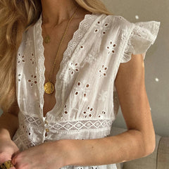 White Button Down Ruffle V Neck Top