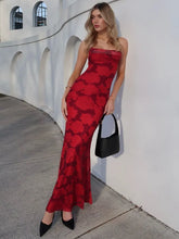 Red Floral Printed Mesh Back Tie Up Midi Dress