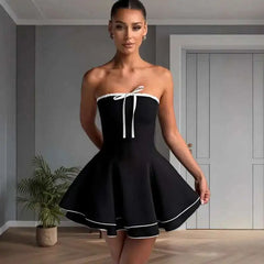 Black Tube Flare Bow Mini Dress