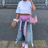 Trendy Loose Fit Denim Capri Shorts - White Side Stripes