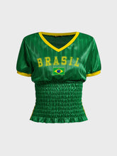 Brasil Letter Flag Graphic Ruched T-shirt - Vintage Knit