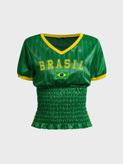 Brasil Letter Flag Graphic Ruched T-shirt - Vintage Knit