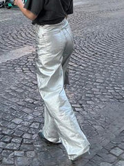 Metallic High Waist Denim Straight Leg Pants